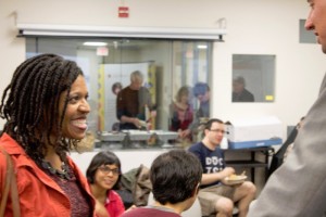 Assistant Professor Tammy Clegg chats with invited speaker Kurt Luther at a recent brown bag series.