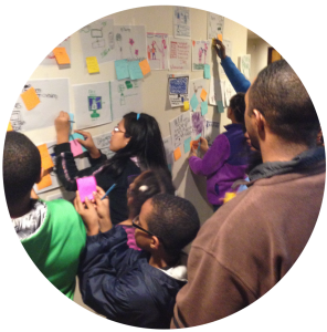 Parents and children designing together. They are placing sticky notes on a wall.